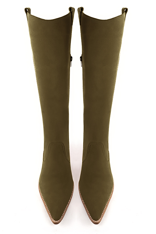 Khaki green women's cowboy boots. Tapered toe. Medium cone heels. Made to measure. Top view - Florence KOOIJMAN